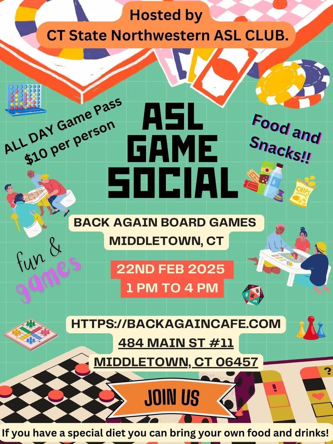 CT State Northwestern ASL CLub - ASL games social at Back Again Cafe